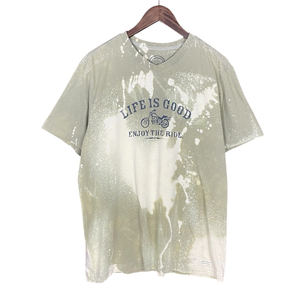Life is Good | Custom Bleached Splatter T-Shirt Reverse Dyed Upcycled V-Neck